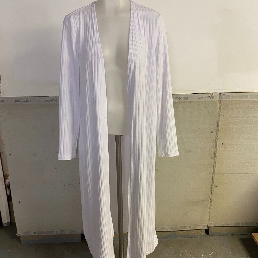 White Ribbed Long Duster Cardigan Small Open Front Lightweight With Pants Set